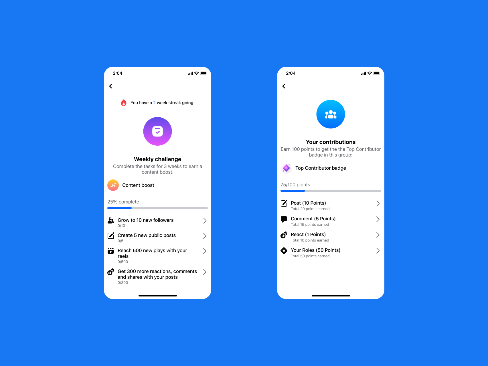 Facebook creator guidance system, weekly challenges and contributions screens