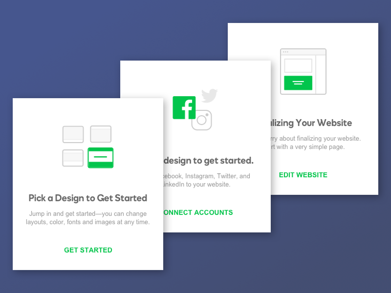Onboarding card stack UI for a small business website builder
