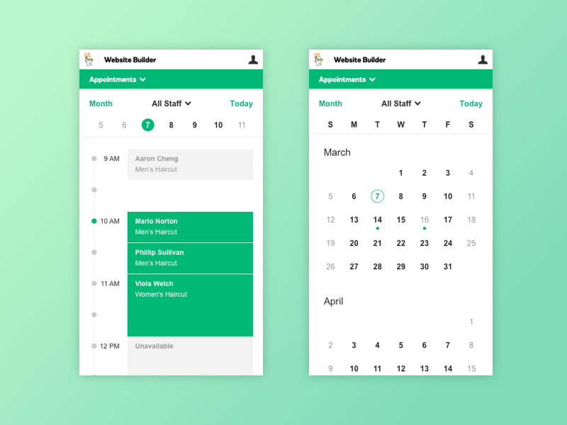 Appointment scheduling app interface, calendar and daily agenda views